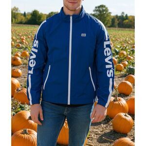 Levis Jacket Mens L Blue Stand Collar‎ Windbreaker Hoodie Spellout Lightweight